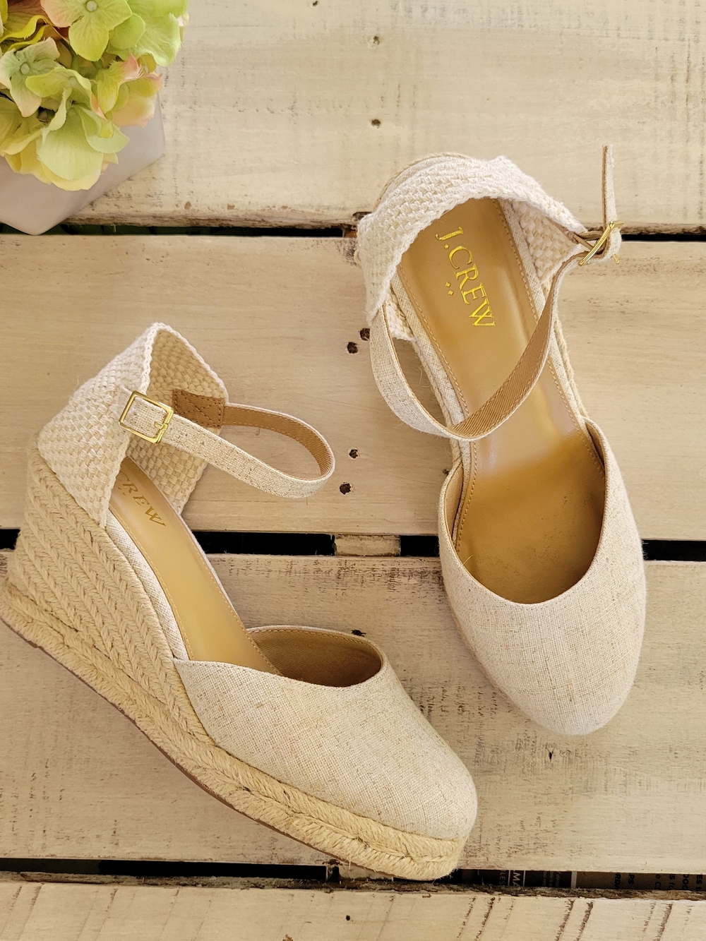 J. Crew Natural Linen Espadrille Wedge Sandals with Ankle Strap Sz 7